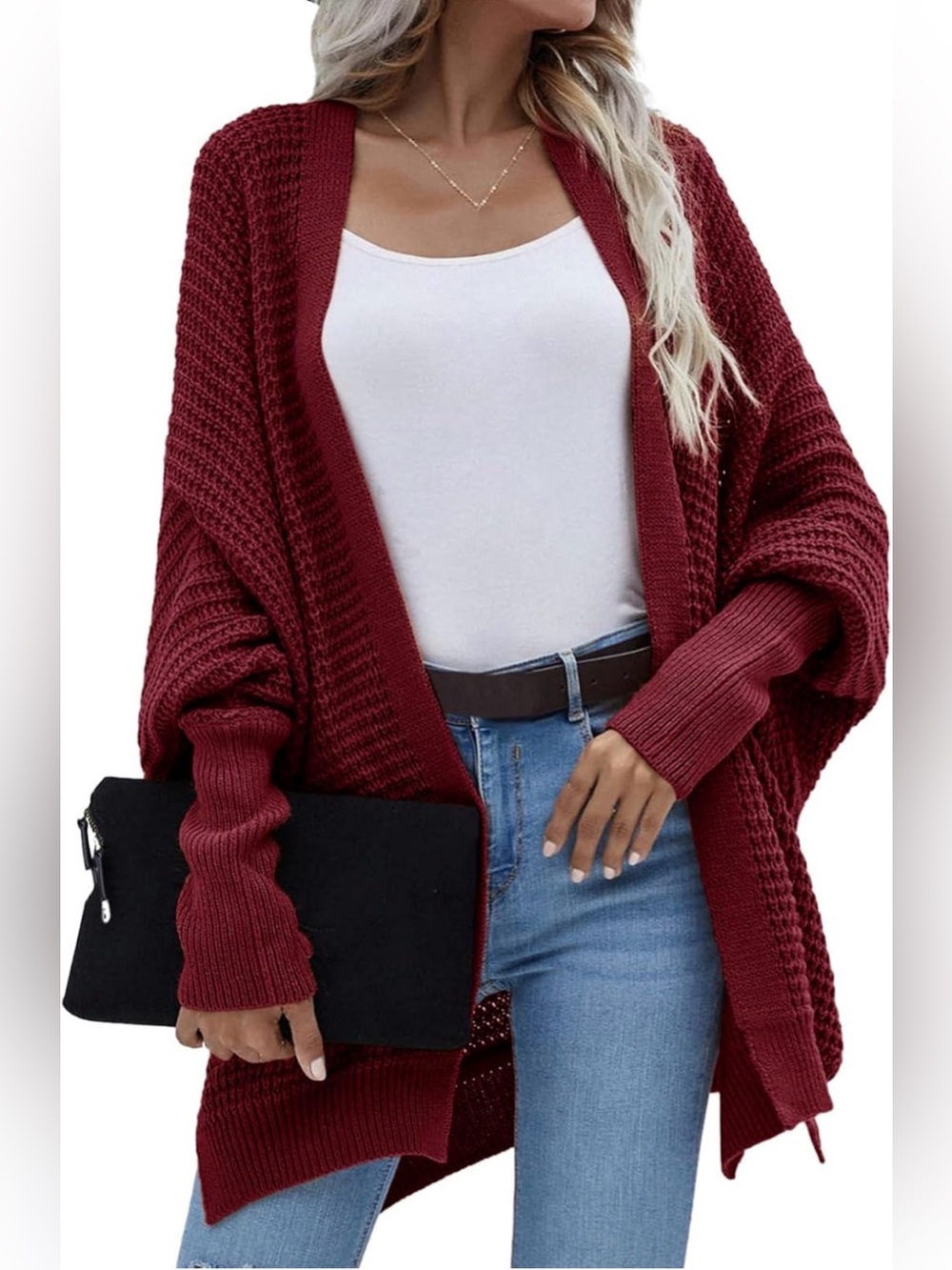 Open-Front Chunky Knit Cardigan Shrug - Burgundy